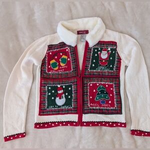 Holiday Patchwork Zip-Front Cardigan Sweater